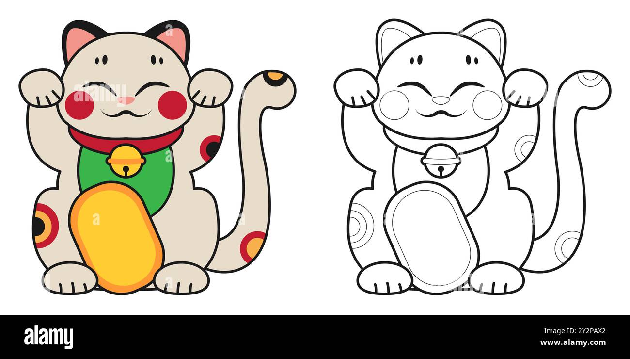 Lucky cat Maneki Neko. Coloring page. Vector illustration Stock Vector