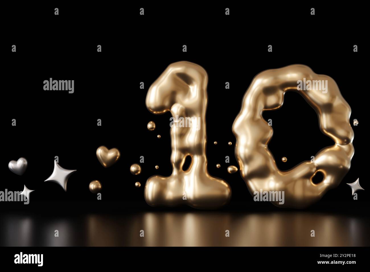 Golden liquid number 10 with hearts and stars on black background