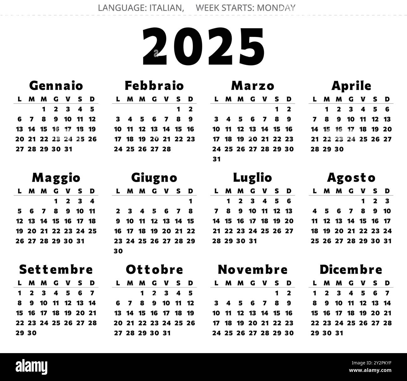 2025 Year Calendar Italian With 12 Months Printable Vector 2025 Year Calendar Italian With 12 Months Printable Vector In Black Color For Italy 2Y2PKYF