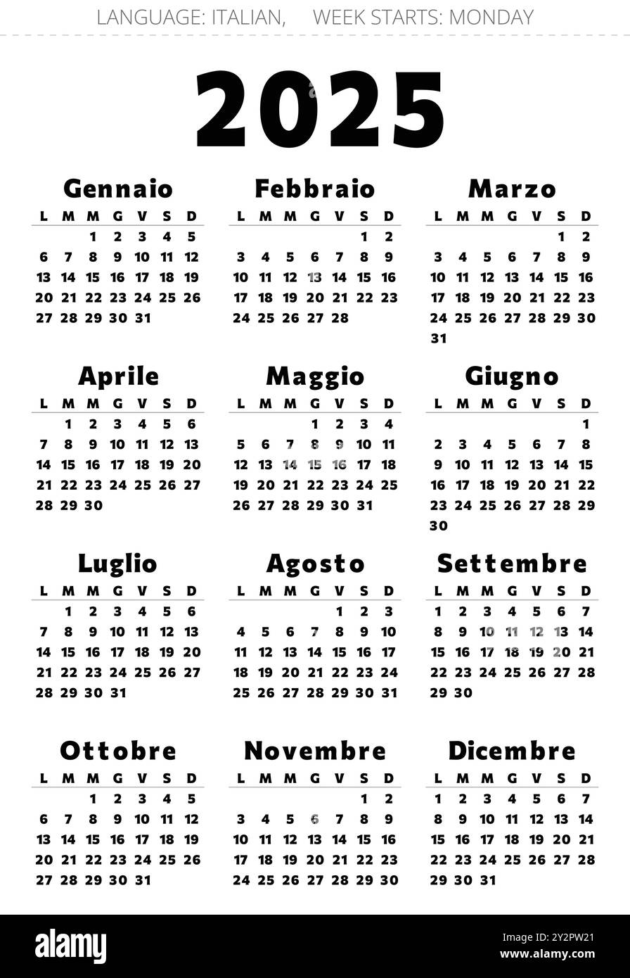 2025-year-calendar-italian-language-with-12-months-printable-vector-illustration-in-black-color-for-italy-stock-vector-image-art-alamy