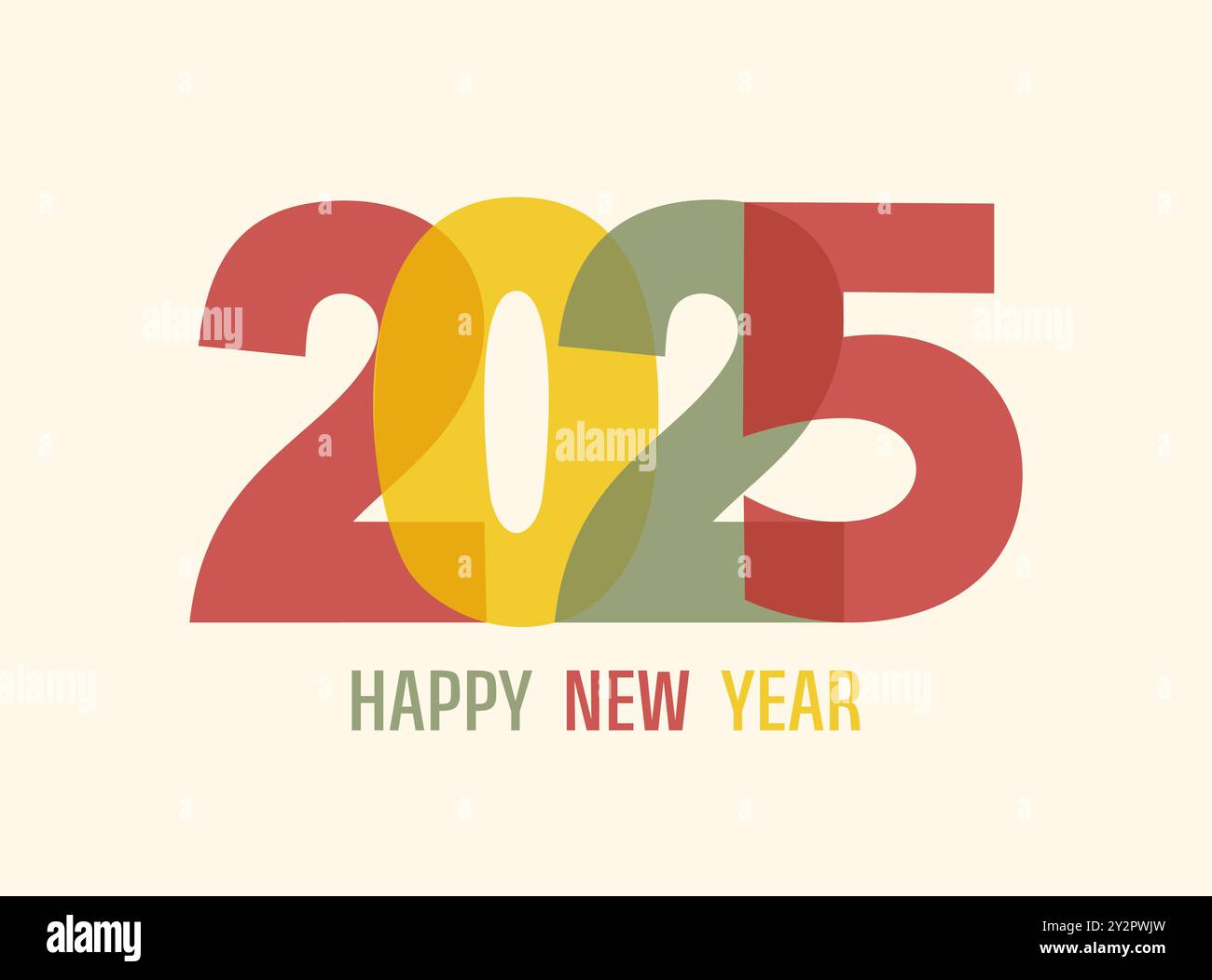 Greeting card with colorful number 2025 and text Happy New Year on a beige background. Flat vector illustration in risograph style Stock Vector