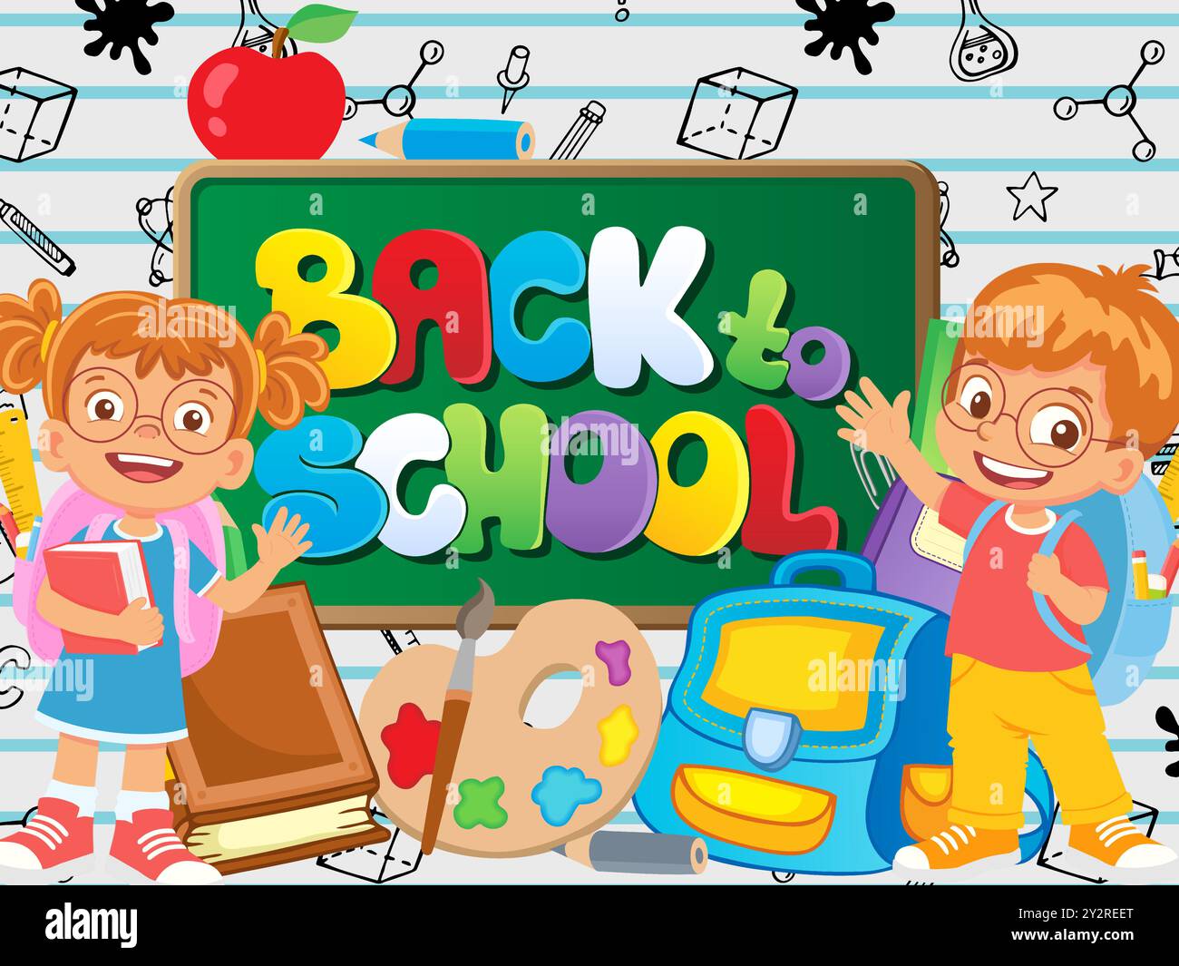Back to school concept with happy children waving and colorful school ...