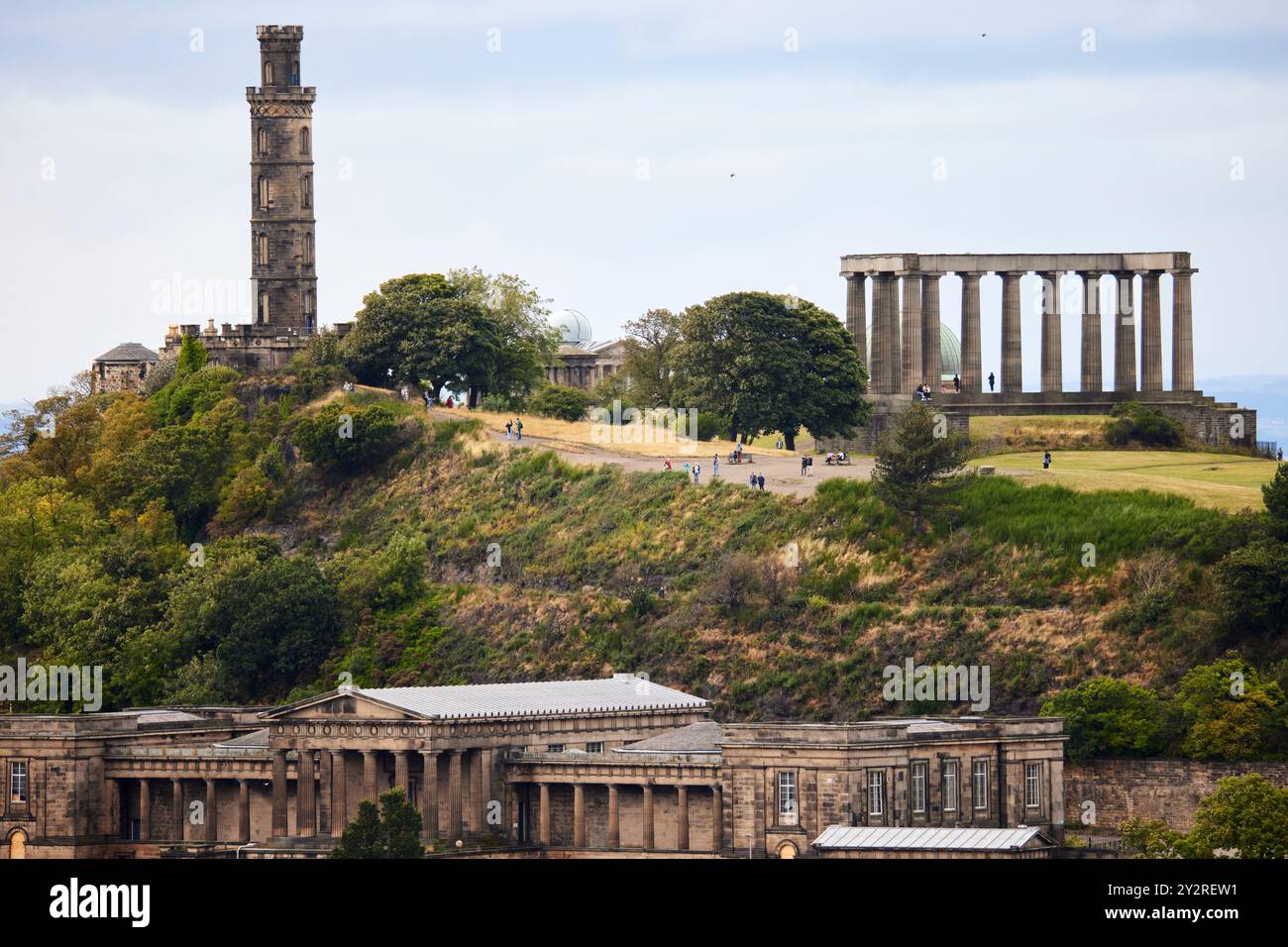 Edinburgh view from Salisbury Crags,  Old Royal High School, New Calton Burial Ground and Calton Hill Stock Photo