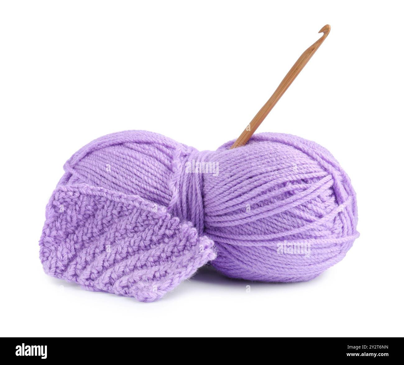 Violet skein of yarn, pattern sample and crochet hook isolated on white ...