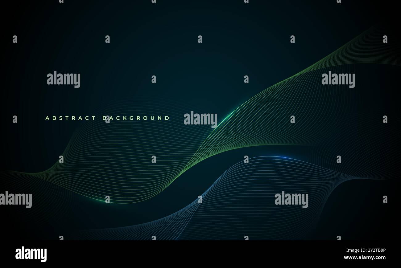 Dark abstract vector background with glowing green and blue wavy lines ...