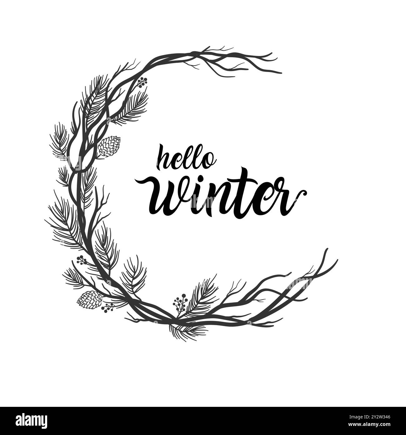 minimal christmas tree branches and cherry circle frame vector template, Hello winter Text Stock Vector