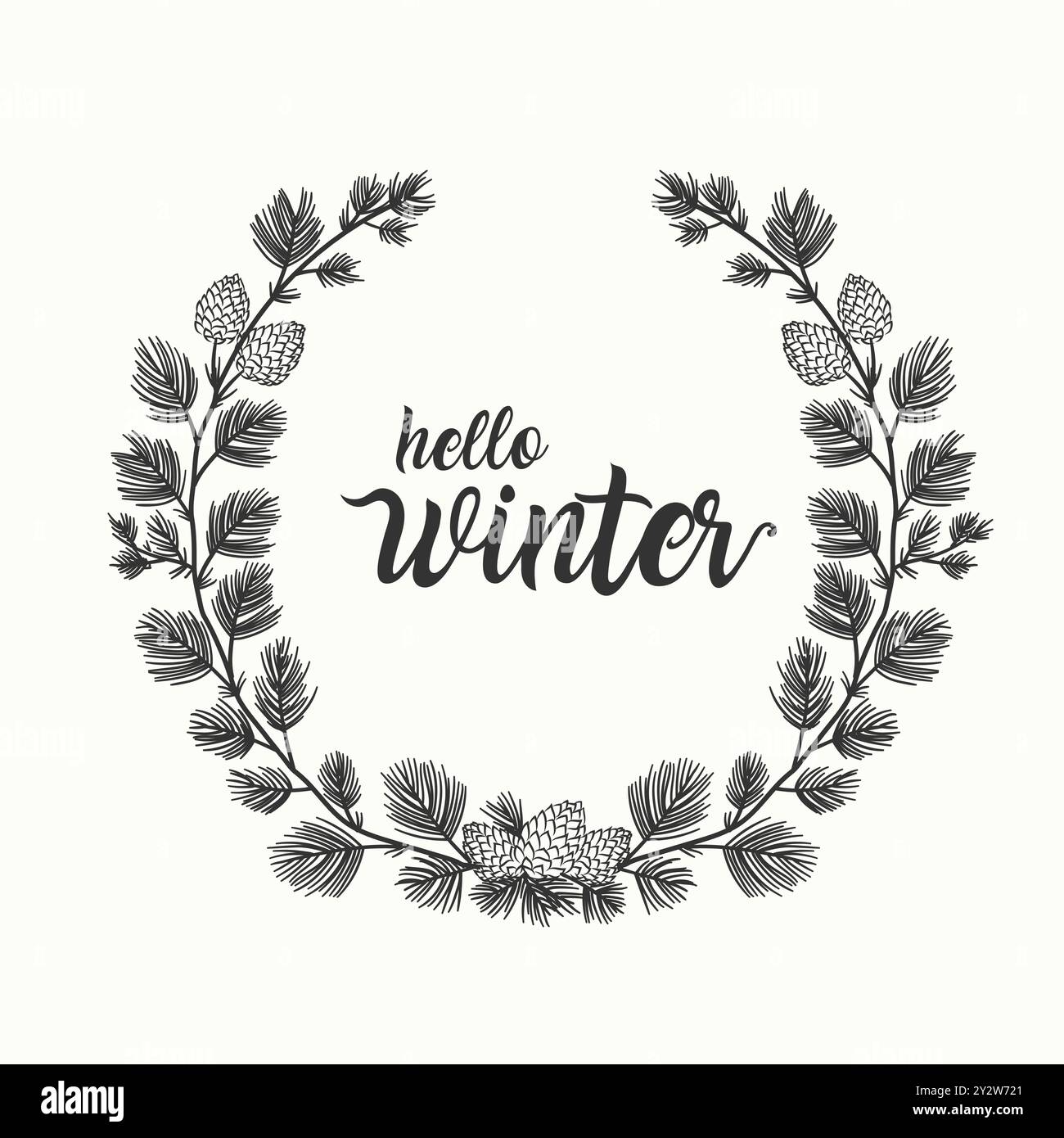 minimal christmas tree branches and cherry circle frame vector template, Hello winter Text Stock Vector