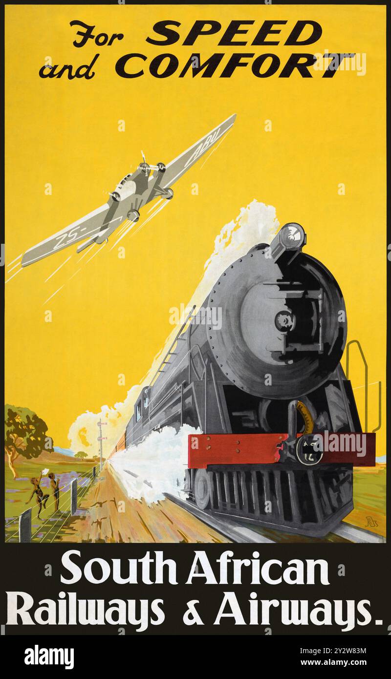 For Speed and Comfort South African Railways & Airways by HCL (dates unknown). Poster published in 1934 in South Africa. Stock Photo