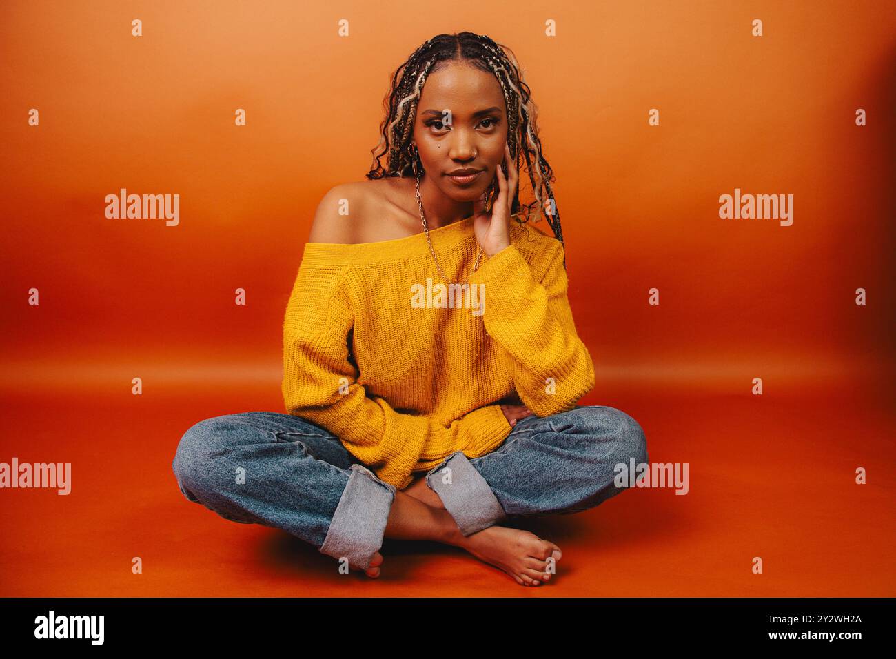 A stylish African American woman with long braids posing against an ...