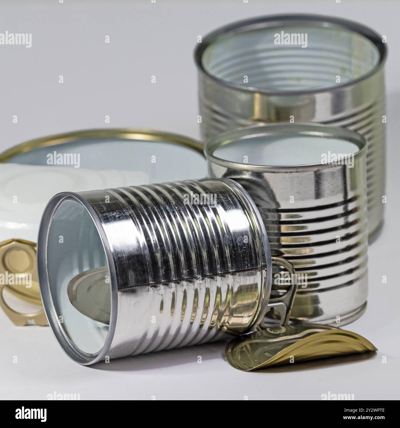 Empty tin cans in a close-up Stock Photo