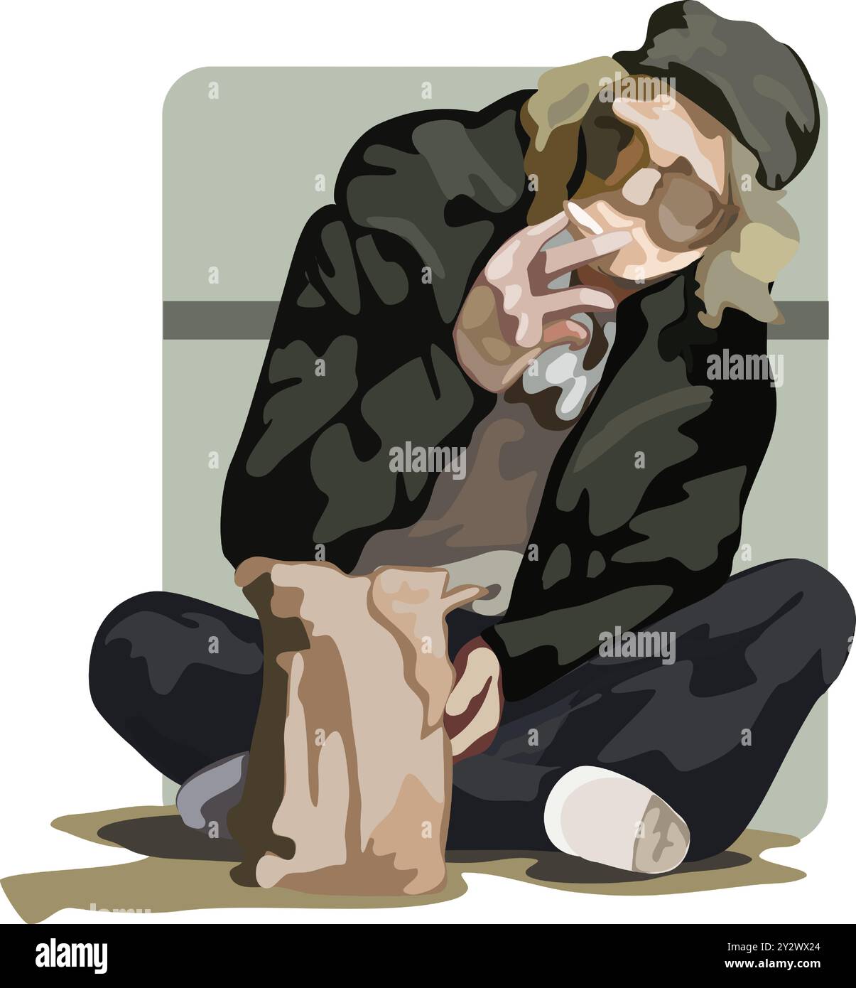 sitting street person getting high Stock Vector