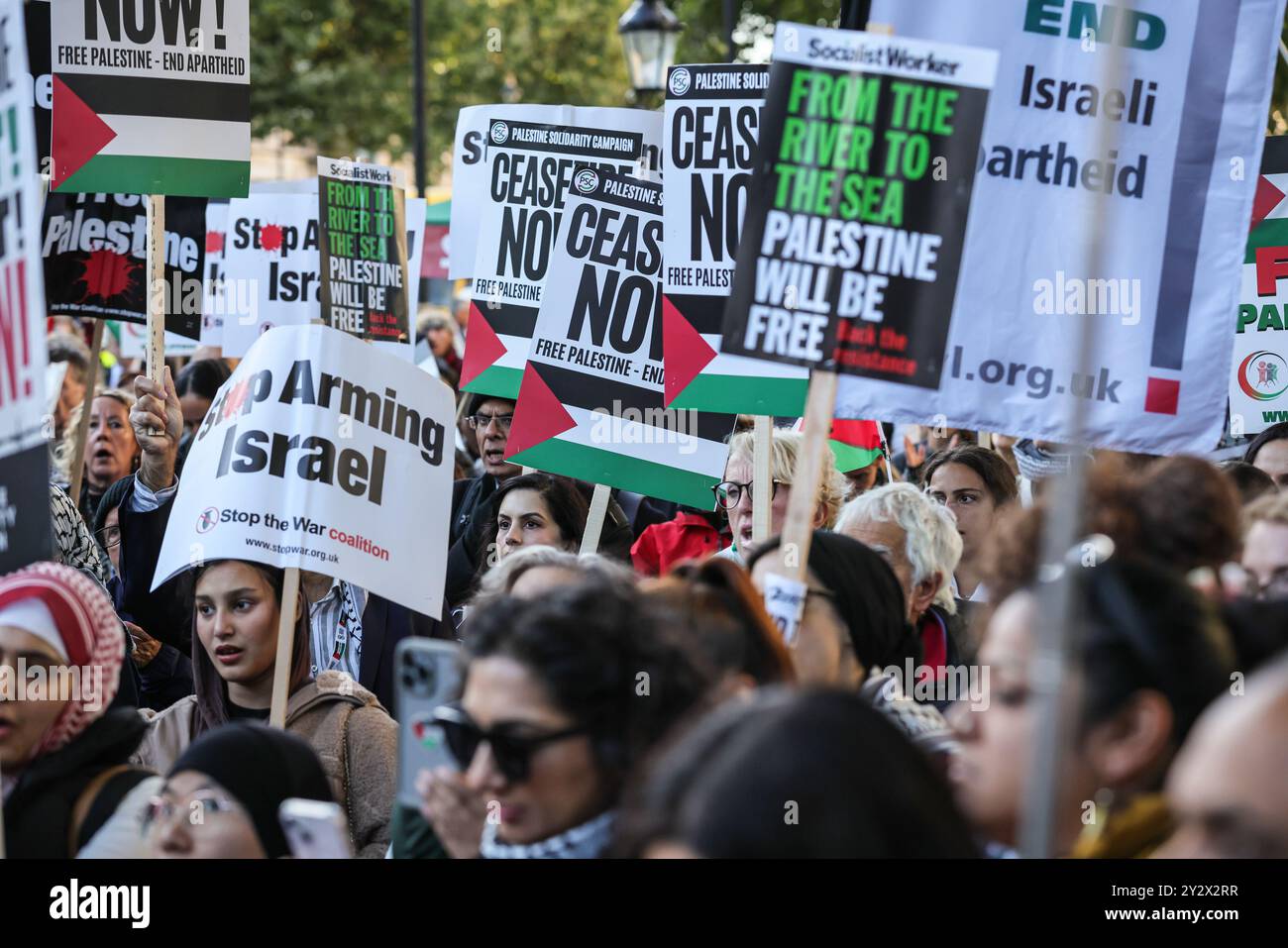 London, UK. 11th Sep, 2024. A pro Palestine anti-war rally with speakers opposite Downing Street on Whitehall attracts a crowd of several hundred activists and protesters with placards ranging from 'Free Palestine' to 'Ceasefire Now' to Palestinian flags and demands for the government to take action. Speakers include Jeremy Corbyn as well as several other MPs. Credit: Imageplotter/Alamy Live News Stock Photo