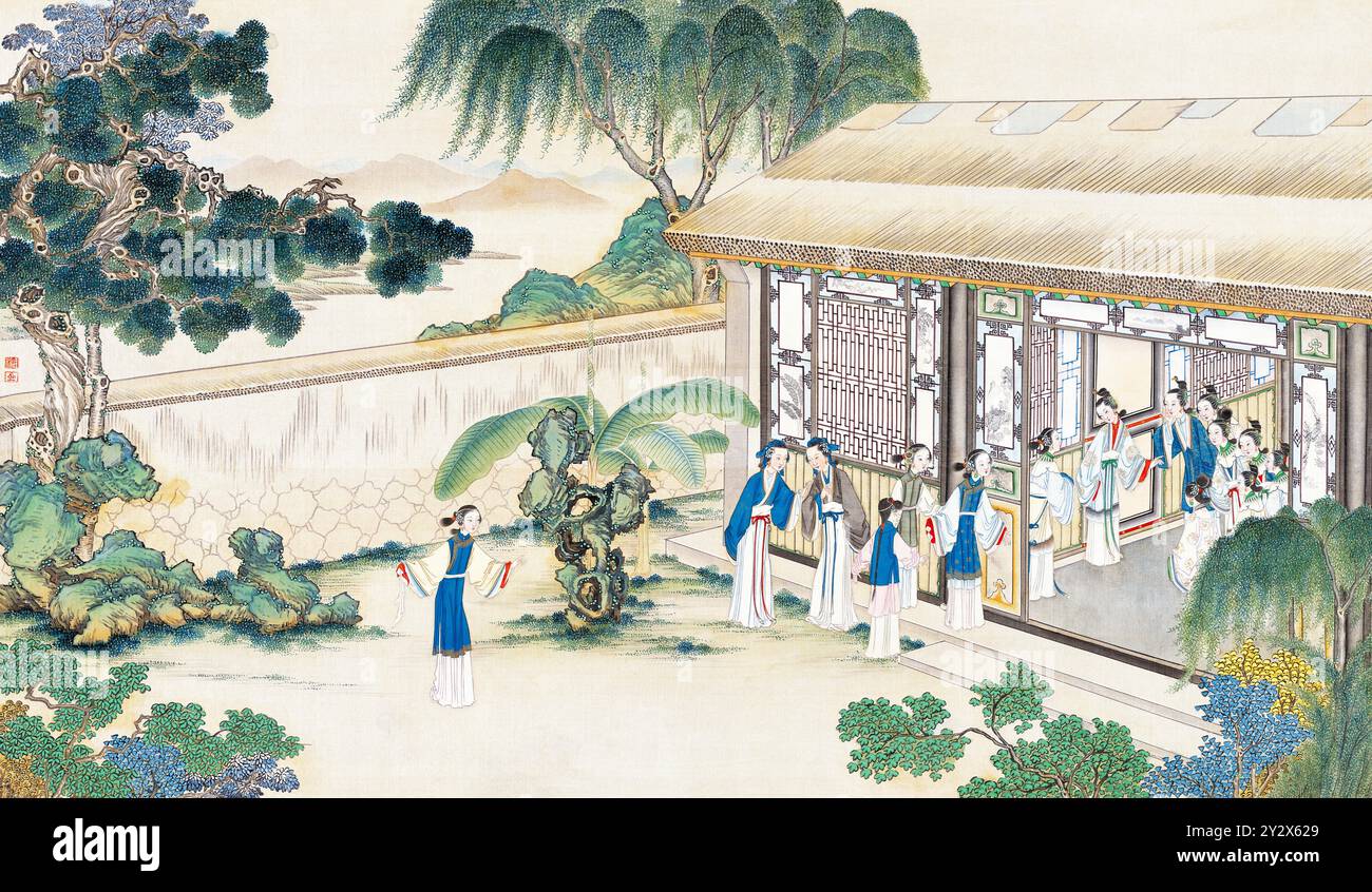 Scene from Dream of the Red Chamber by Cao Xueqin (1710-1765) painted by Qing Dynasty artist Sun Wen (1818-1904) using traditional Chinese brushwork to convey this classical novel's central themes of love, fate, and social hierarchy. Stock Photo