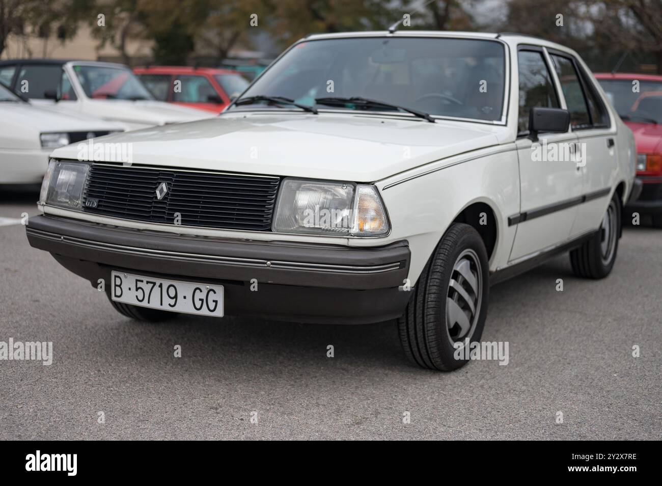 Frontal view of the classic white French Renault 18 car in perfect condition. Stock Photo