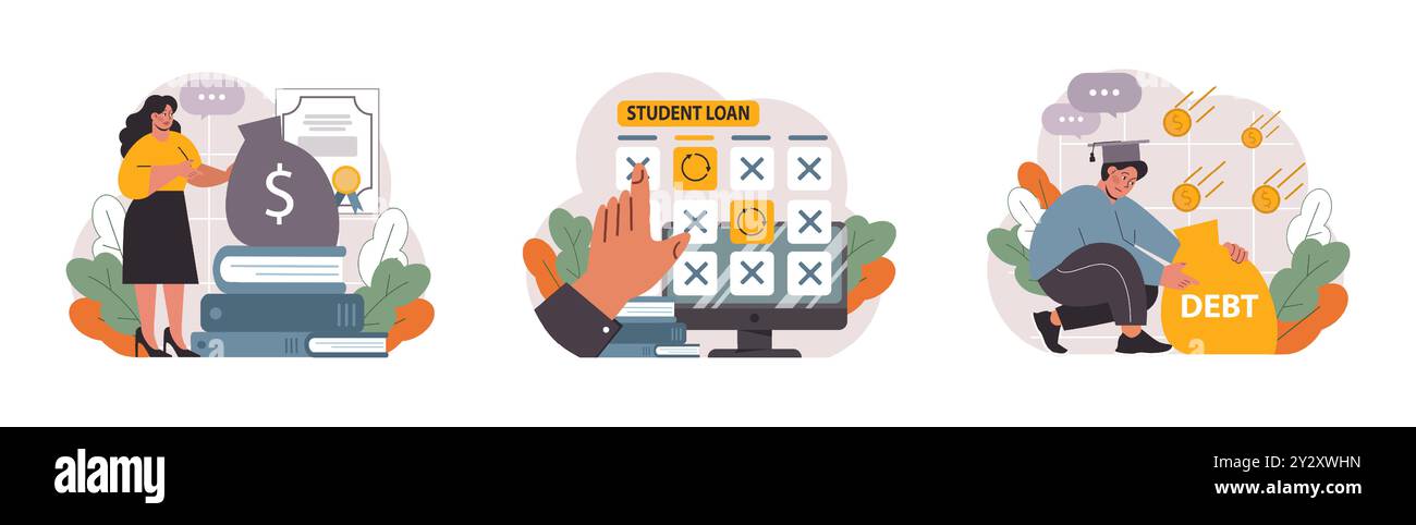 Student debt set. Young graduated character with a financial crisis ...