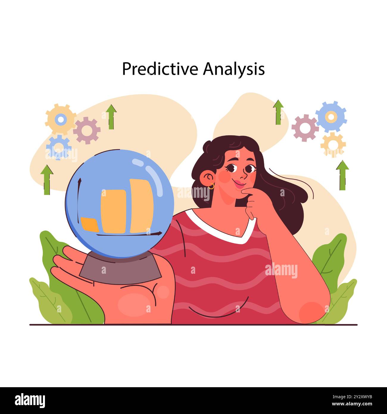 Business processes optimization. Predictive analytics. Processing data to forecast future outcome. Business decisions development. Character analysing statistical information. Flat vector illustration Stock Vector