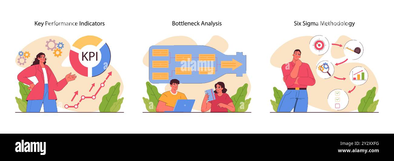 Business processes optimization set. Productive employee with efficient work method. Performance for better business optimization, development and growth. Flat vector illustration Stock Vector