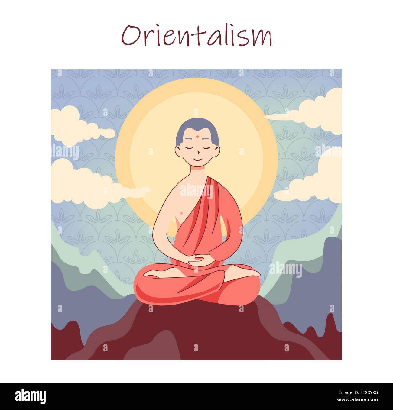 Buddhist monk meditating. Asian religious figure in orange theravada. Meditation practice. Oriental culture. Flat vector illustration Stock Vector