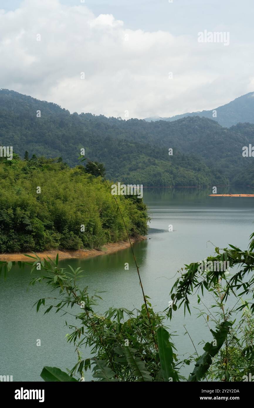 A view of rainforest tropical trees near the large green lake in Kuala Kubu Bharu, Malaysia. Stock Photo