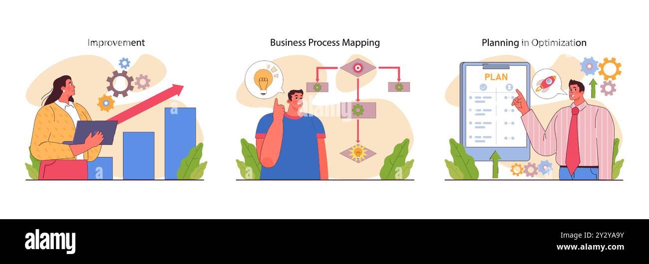 Business processes optimization set. Productive employee with efficient work method. Performance for better business optimization, development and growth. Flat vector illustration Stock Vector