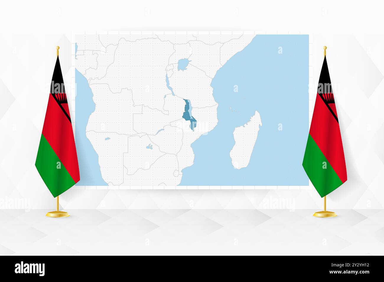 Map of Malawi and flags of Malawi on flag stand. Vector illustration ...