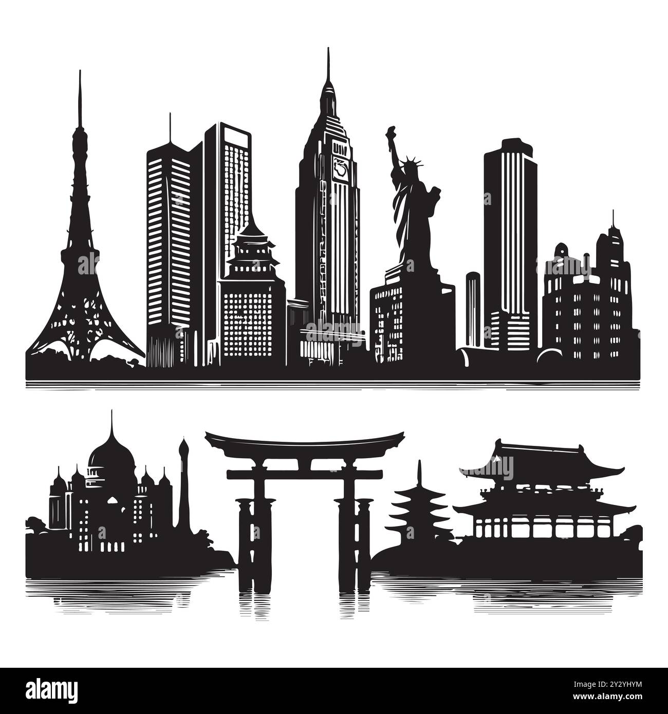 Set of skyline silhouettes isolated on a white background, Vector illustration. Stock Vector