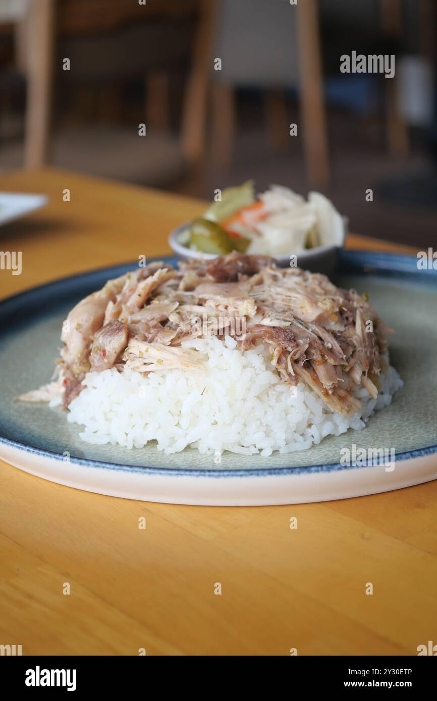 Boiled chicken, steamed rice, pink plate Stock Photo - Alamy