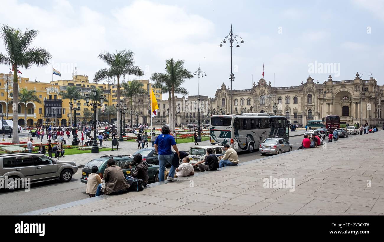 Architectural detail of the Plaza Mayor of Lima, Peru, located in the city’s historic center and surrounded by many of Lima’s historical landmarks. Stock Photo