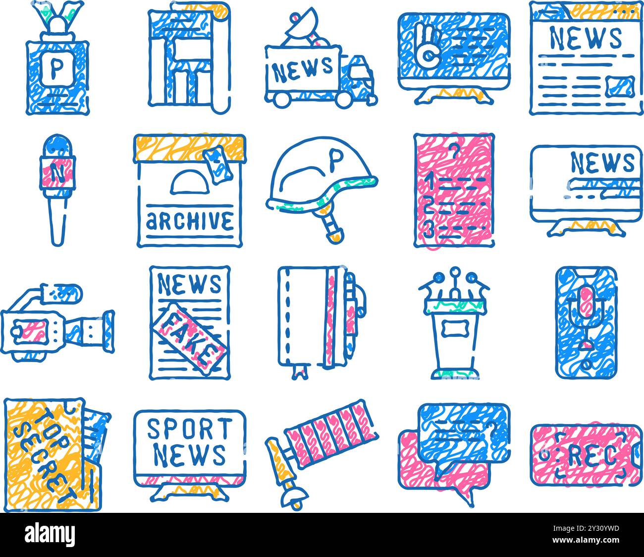 Journalist accessories collection icons set vector journalist badge and ...