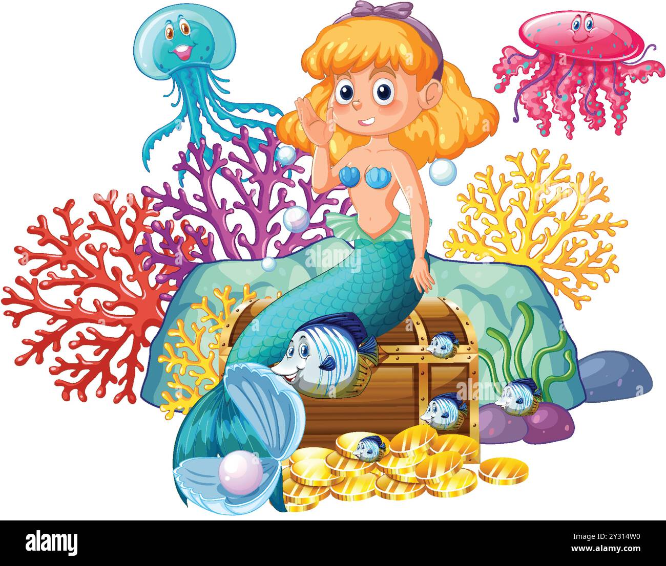 Mermaid with sea creatures and treasure chest Stock Vector