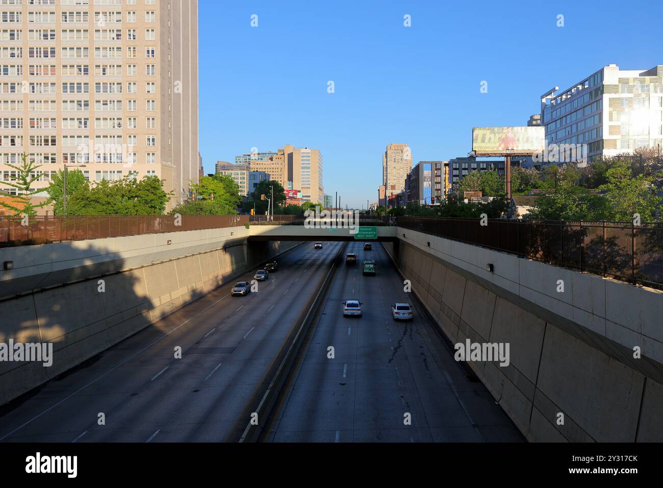 View of highway trench through Chinatown, Philadelphia, Pennsylvania. The I-95 CAP project or Chinatown Stitch will rejoin two halves of Chinatown Stock Photo