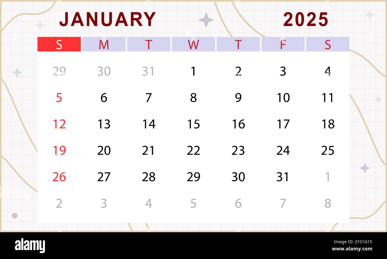 January 2025 monthly calendar. Cute calendar template. Sunday start