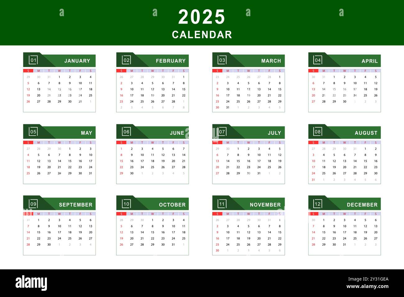 Monthly calendar template of year 2025. Vector design Stock Vector