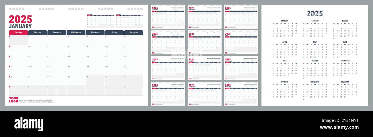 Calendar Planner 2025 in English language. Week start Sundey, corporate