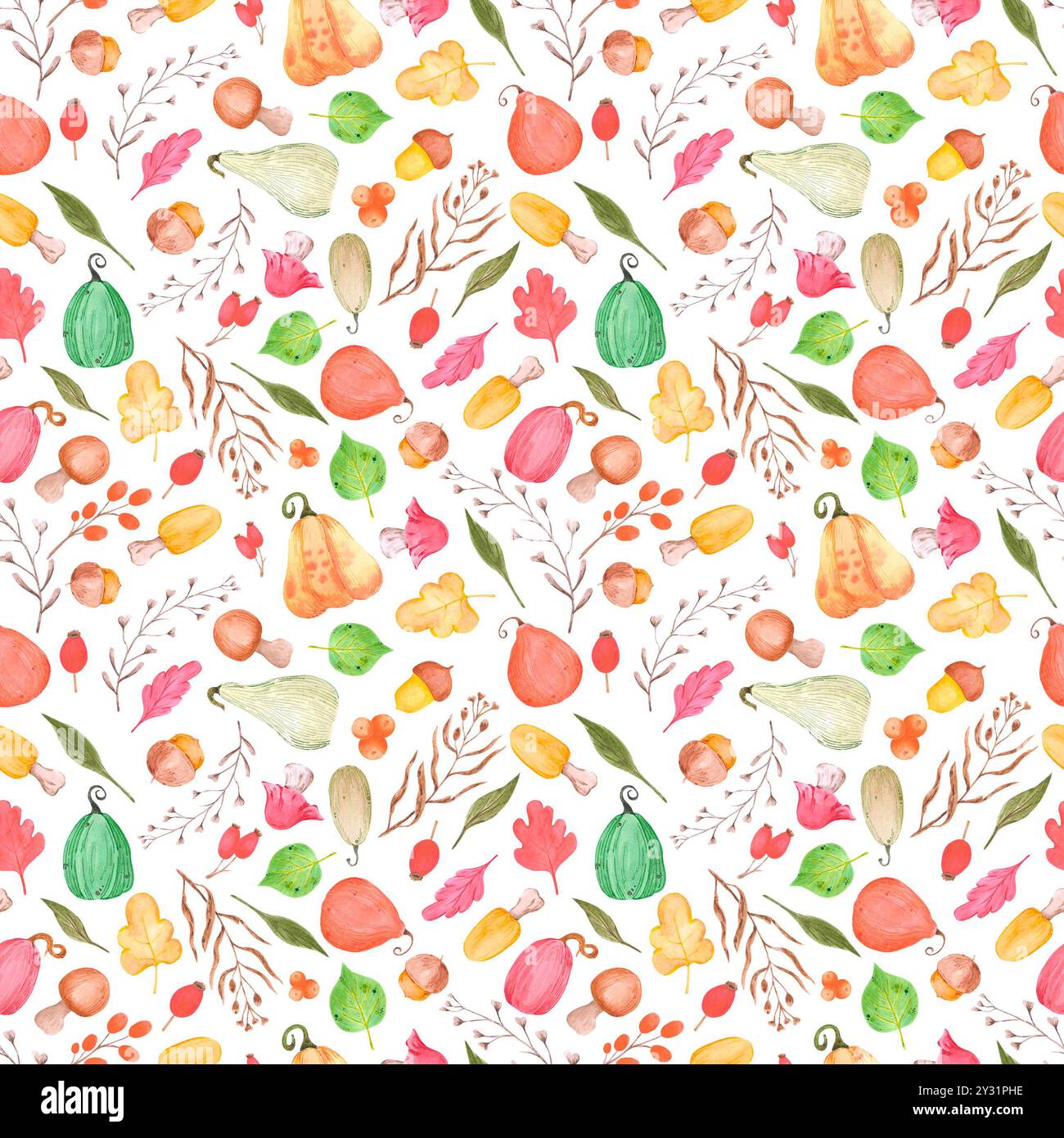 Hand drawn watercolor autumn pumpkins mushrooms and leaves seamless ...