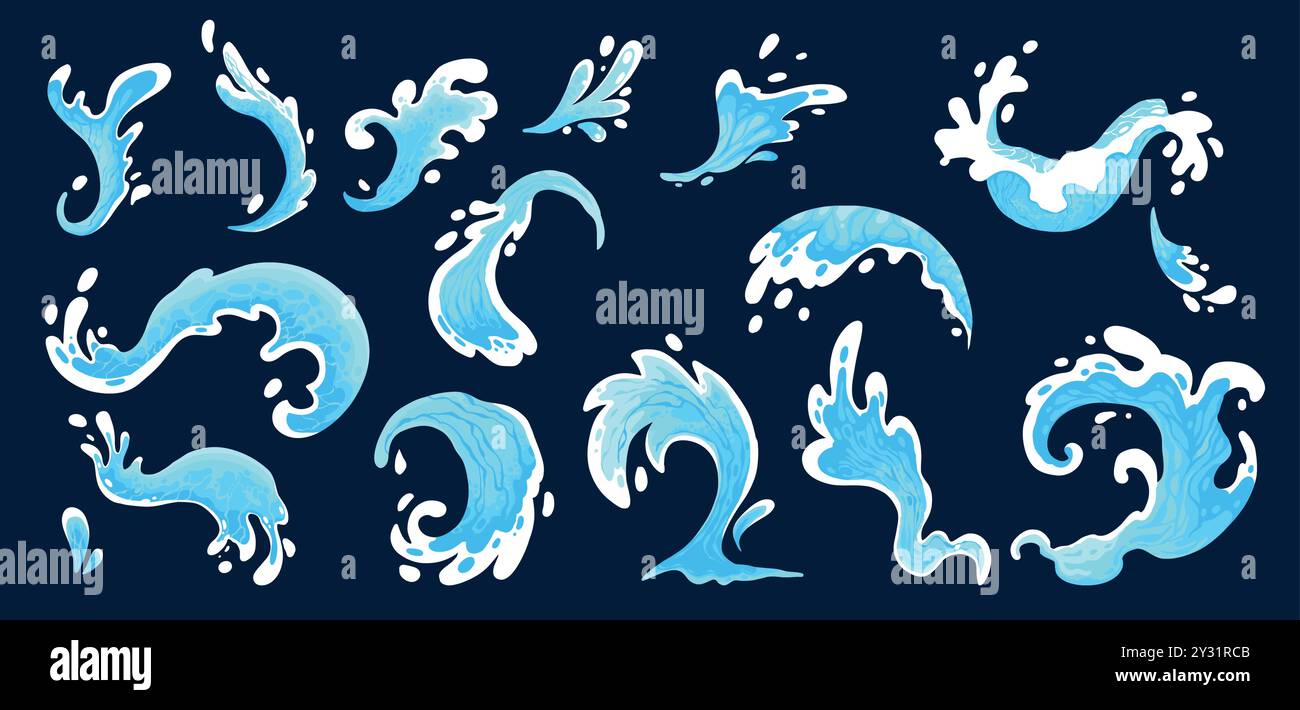 Aqua water splash. Liquid water drops, blue transparent splashes, water flows and waves flat vector illustration set. Clean water splash collection on Stock Vector