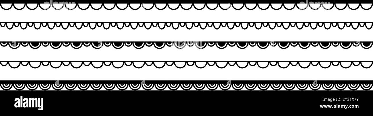 Scalloped edge seamless strokes set. Simple scalloped border. Fabric laces silhouette. Repeat cute vintage frill ornament. Texture ribbons. Vector Stock Vector