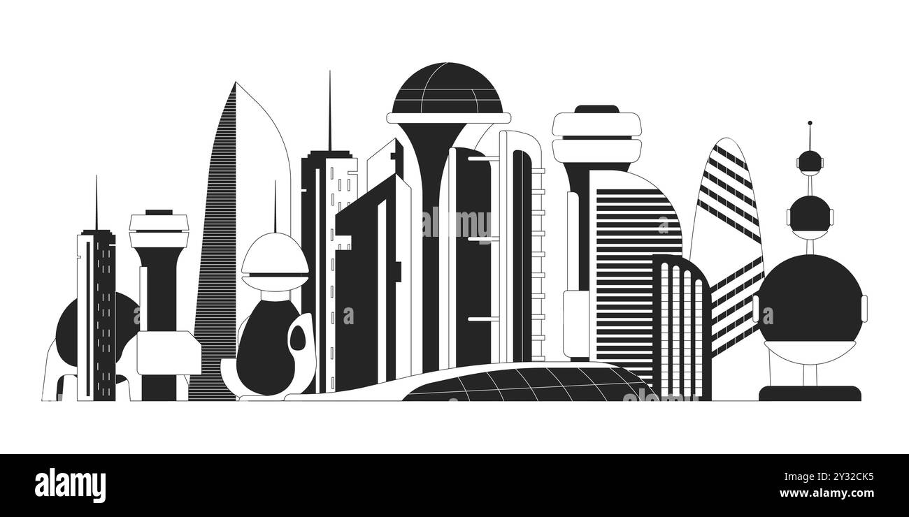 Futuristic architecture futurism city black and white line illustration ...