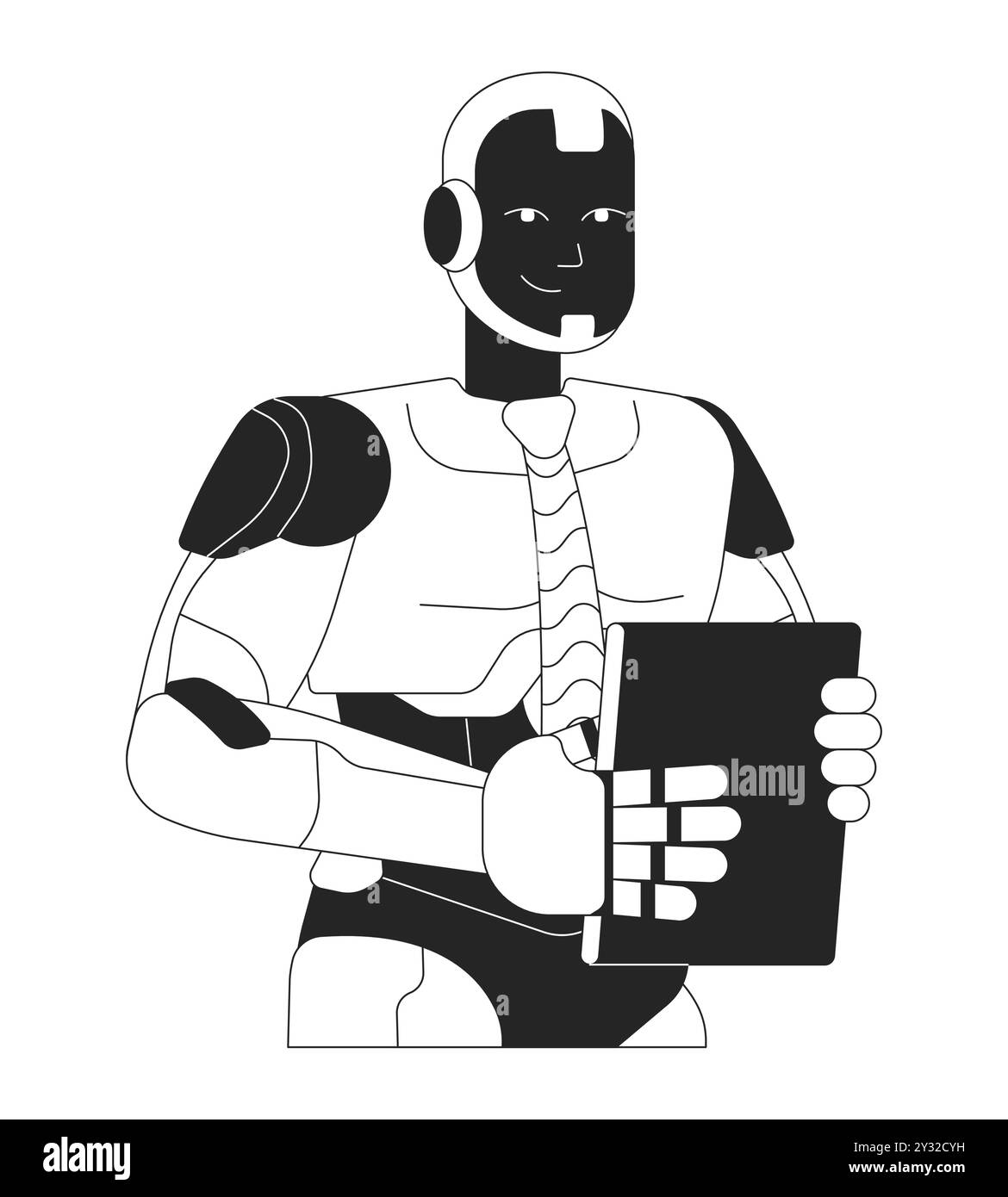 Smiling robot tie holding tablet black and white 2D line character ...