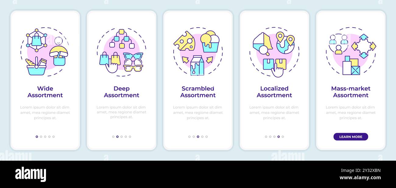 Assortment planning models onboarding mobile app screen Stock Vector