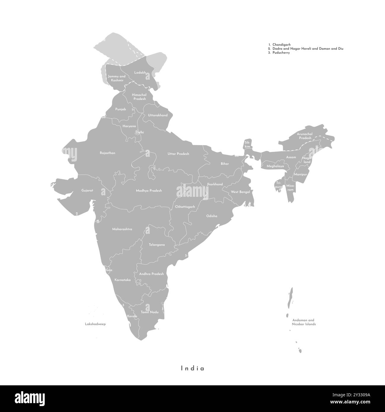 Vector modern isolated illustration. Simplified administrative grey map of India. White background. Names of indian states, borders of regions Stock Vector