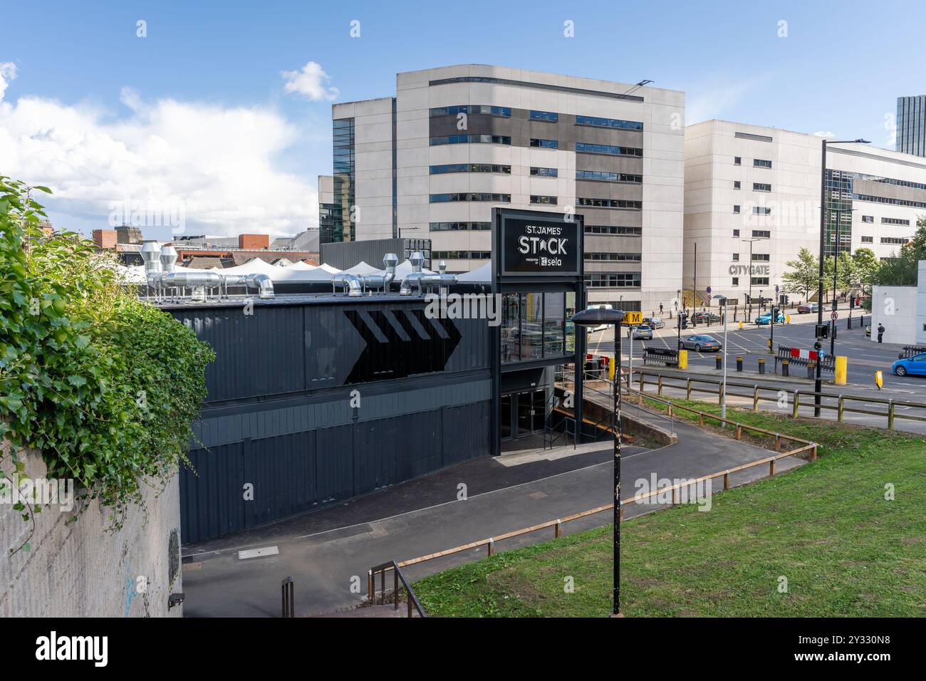 Stack - a leisure hub and official fanzone for Newcastle United, serving street food and made out of shipping crates. Newcastle upon Tyne, UK. Stock Photo