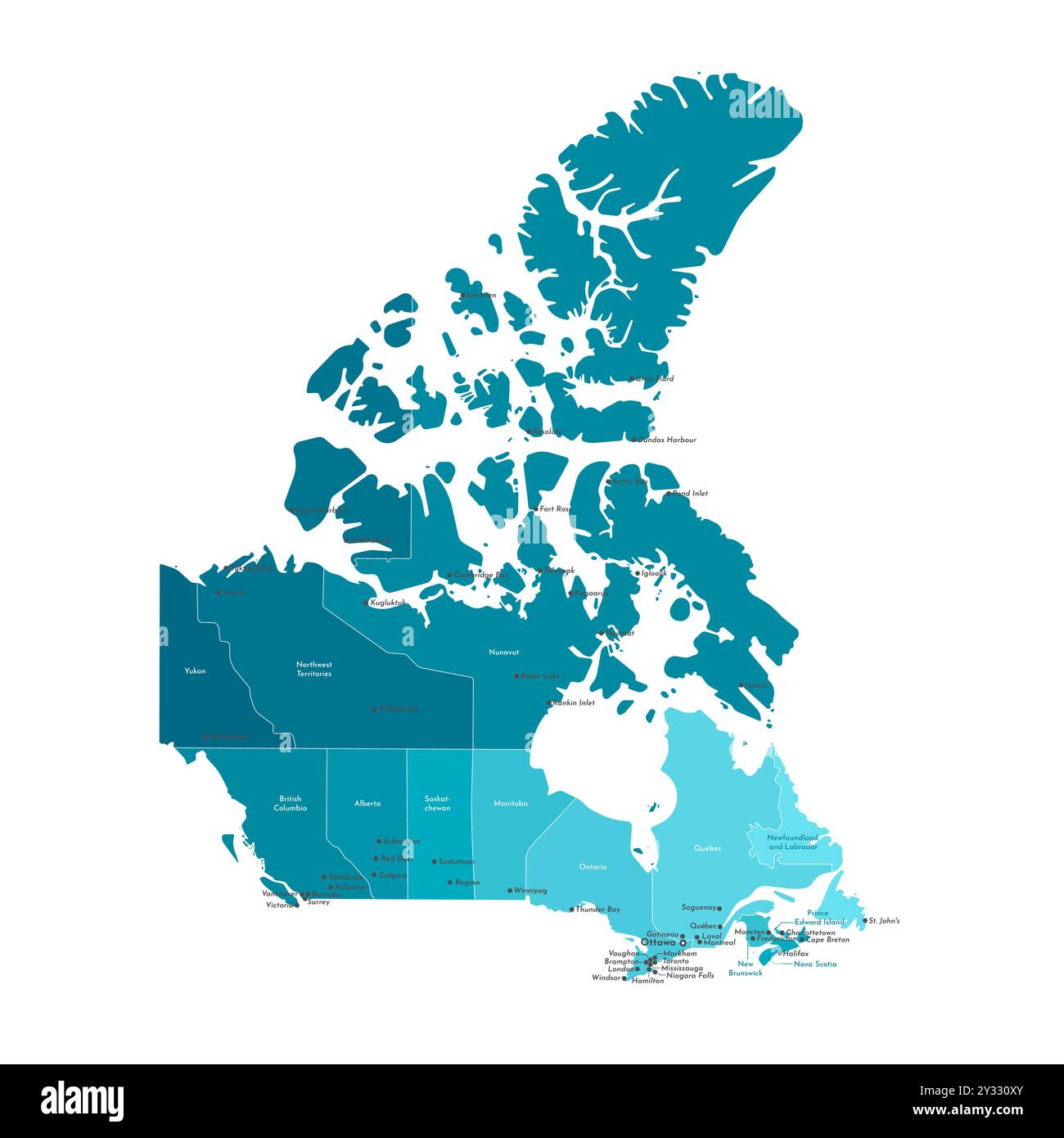 Vector modern illustration. Simplified isolated administrative map of Canada in blue colors. White background and outline. Names of the cities Ottawa, Stock Vector