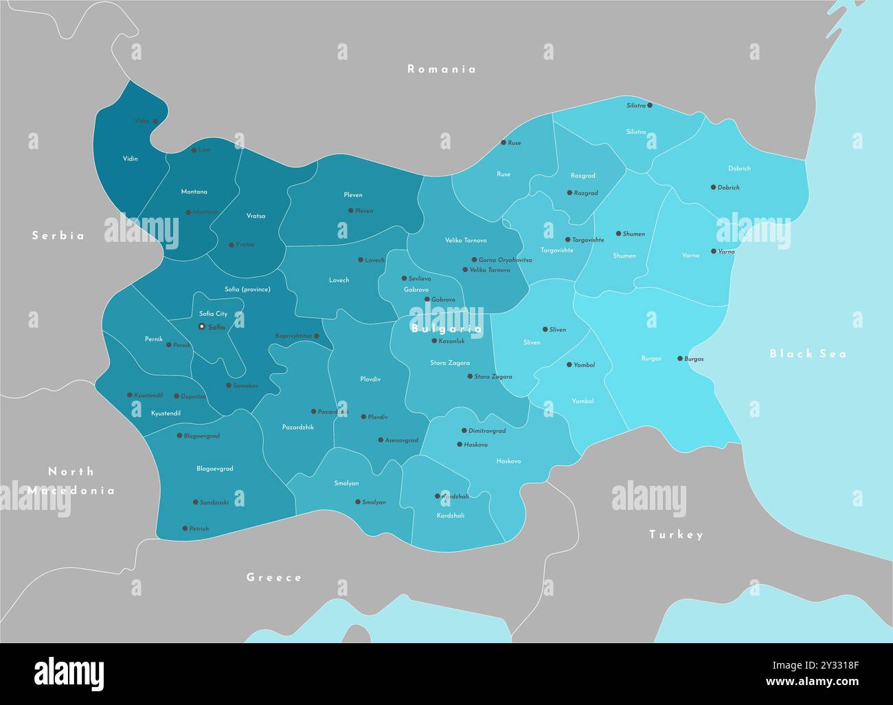 Vector modern illustration. Simplified administrative map of Bulgaria. Border with nearest states Sebia, Greece and etc. Blue background of Black sea. Stock Vector