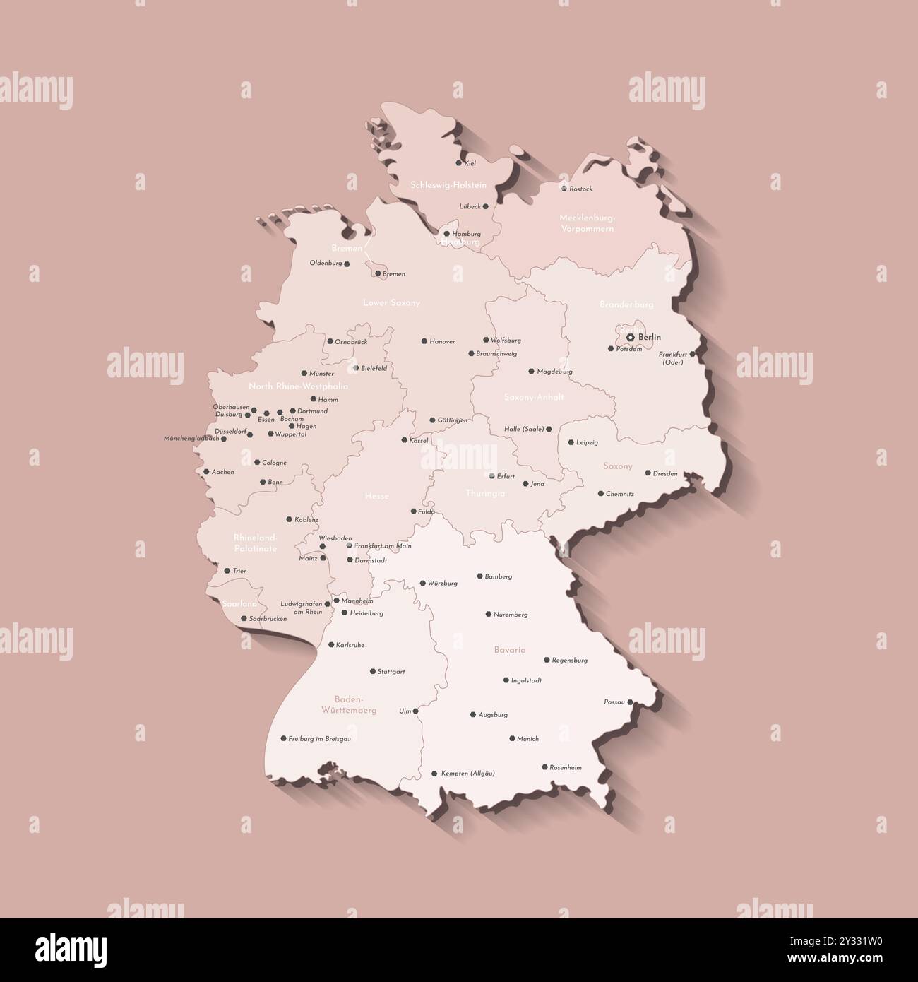 Vector isolated illustration. Simplified administrative map of Germany. Beige shapes of regions. Names of deutsch cities and provinces. Brown backgrou Stock Vector