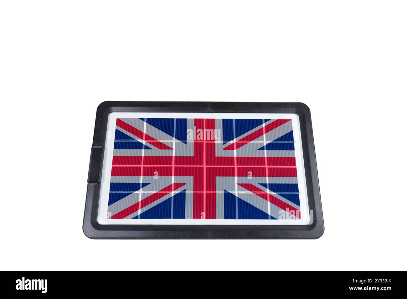 Portable solar panel in the shape of the flag of Great Britain isolated on white background (close-up) Stock Photo