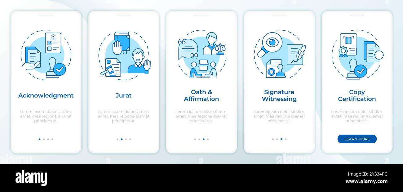 Types of notarization service blue onboarding mobile app screen Stock Vector