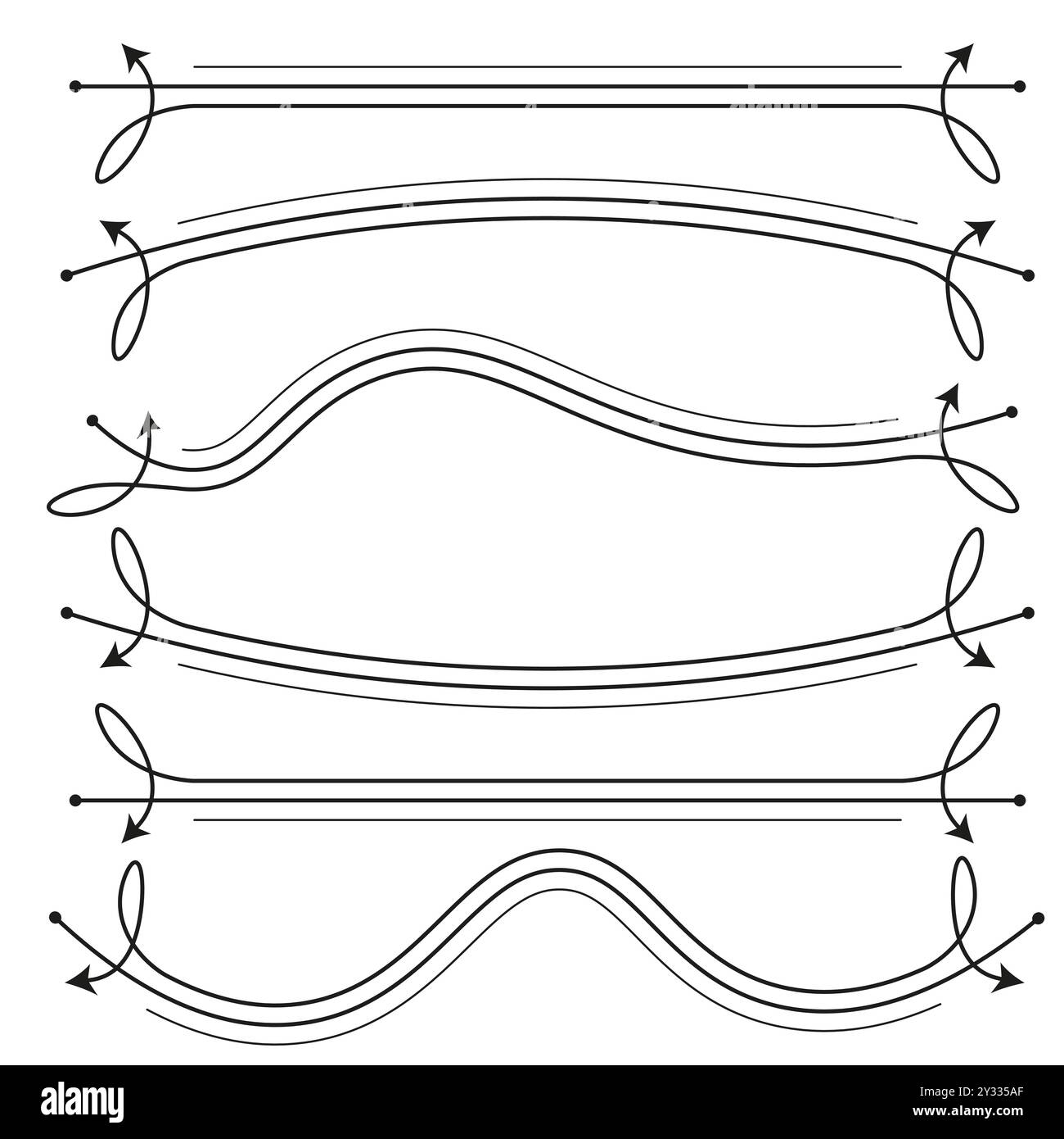 Decorative arrow dividers. Curved line accents. Elegant hand drawn arrows. Vector decorative elements. Stock Vector