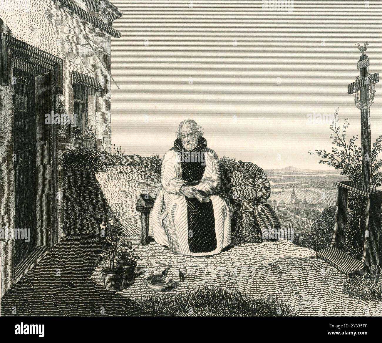 Relaxed monk in the garden, sitting on a bench and watching the birds at a small watering trough in front of him, 1834, Historic, digitally restored reproduction from an original of the period Stock Photo