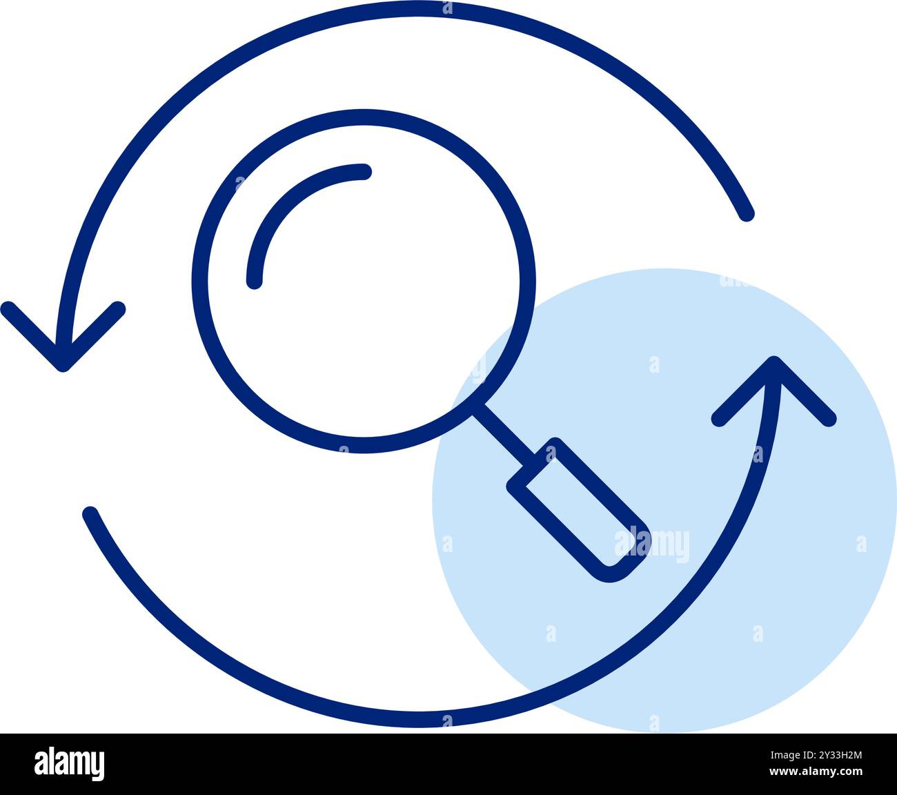 Magnifying glass in refresh arrows. Continuous search, dynamic content filtering. Pixel perfect, editable stroke vector icon Stock Vector